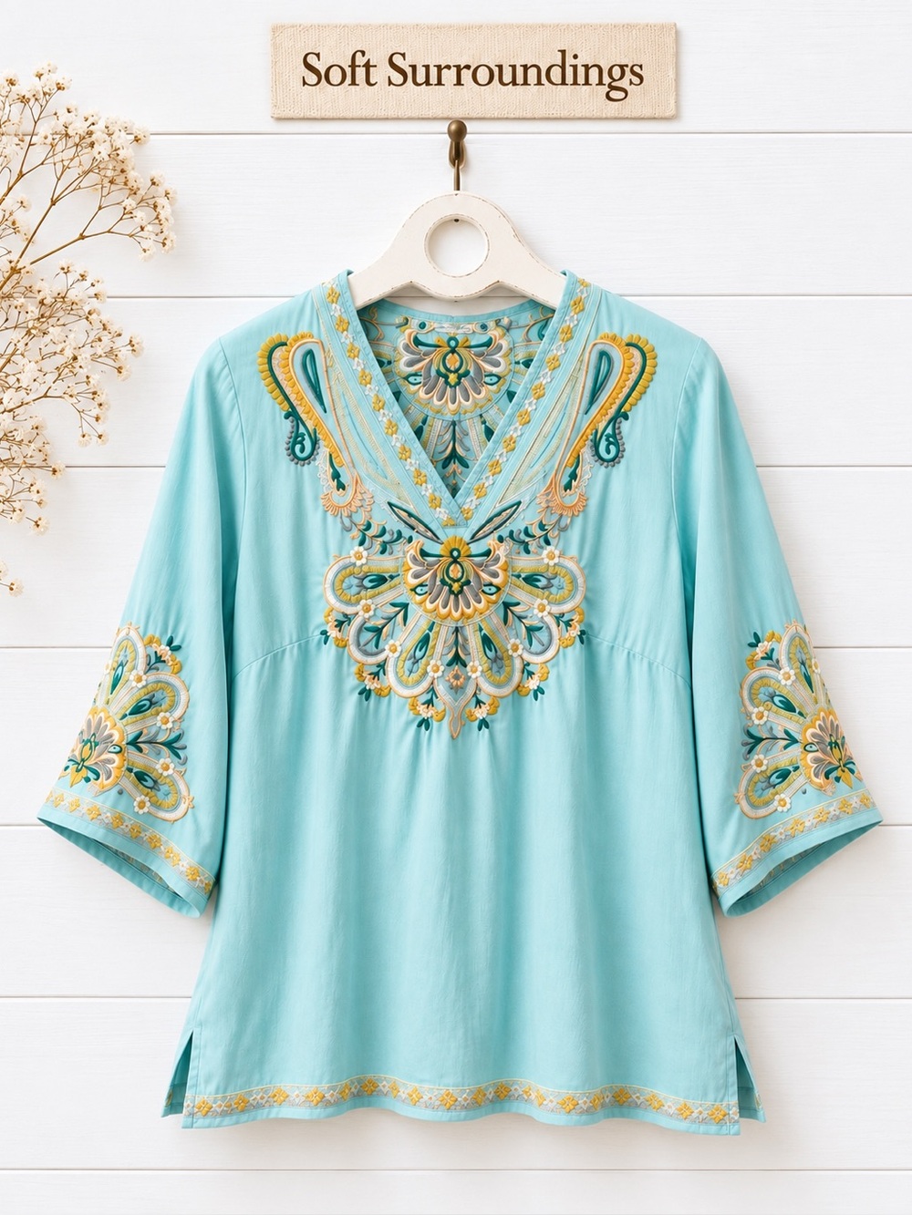 SOFT SURROUNDINGS EMBROIDERED BOHO BLOUSE TURQUOISE SIZE PM